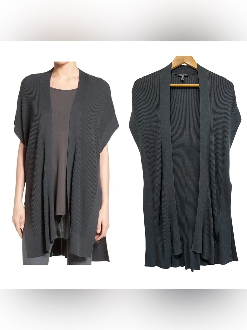 Eileen Fisher Sleek Tencel Open-Front Ribbed Cardigan Gray Petite One Size